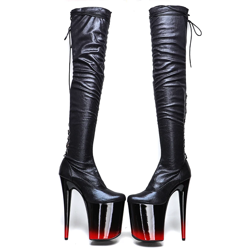 Leecabe  23CM/9inches PU  laces-up at the back Trend fashion high Heel platform stripper heel Pole Dance boots
