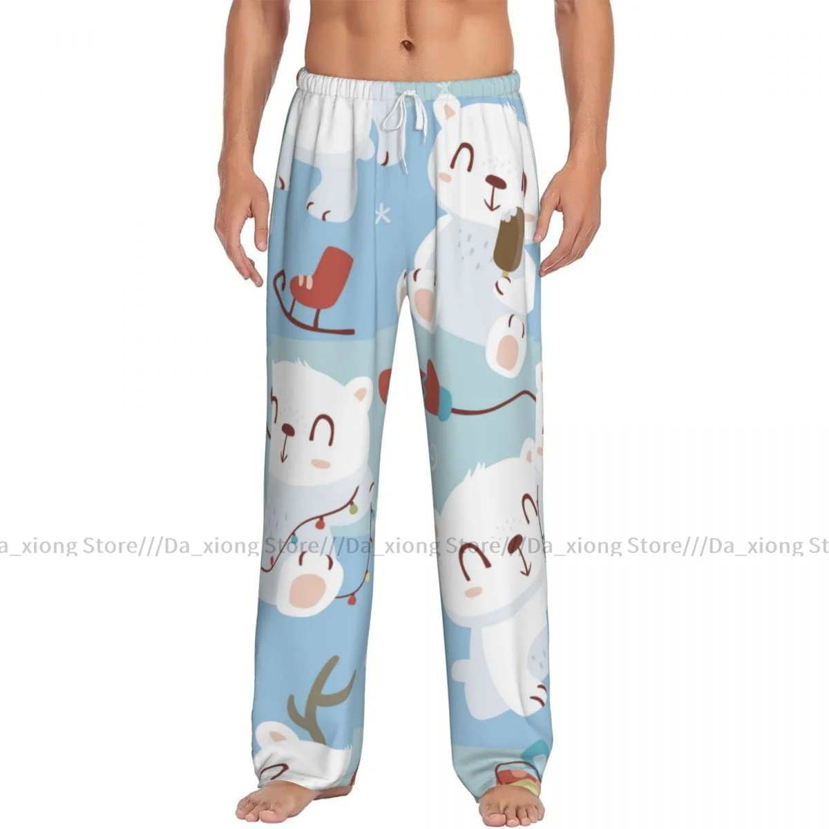 Mens Casual Pajama Long Pant Loose Elastic Waistband Cartoon Polar Bear Cozy Sleepwear Home Lounge Pants