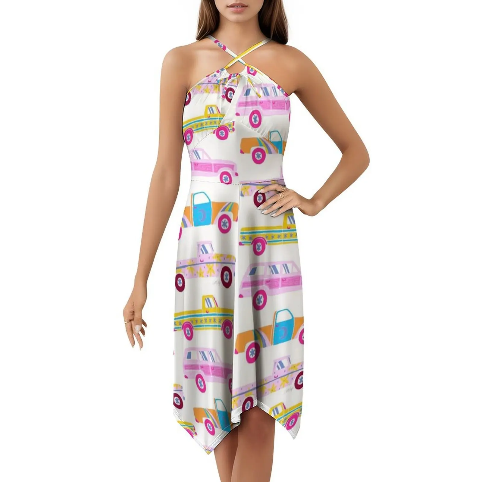 Retro Roads – فستان قصير على طراز Candy Palette Preppy للنساء على شكل حرف a فضفاض مناسب فستان يوم غير رسمي للتخييم Rv سيارة عتيقة