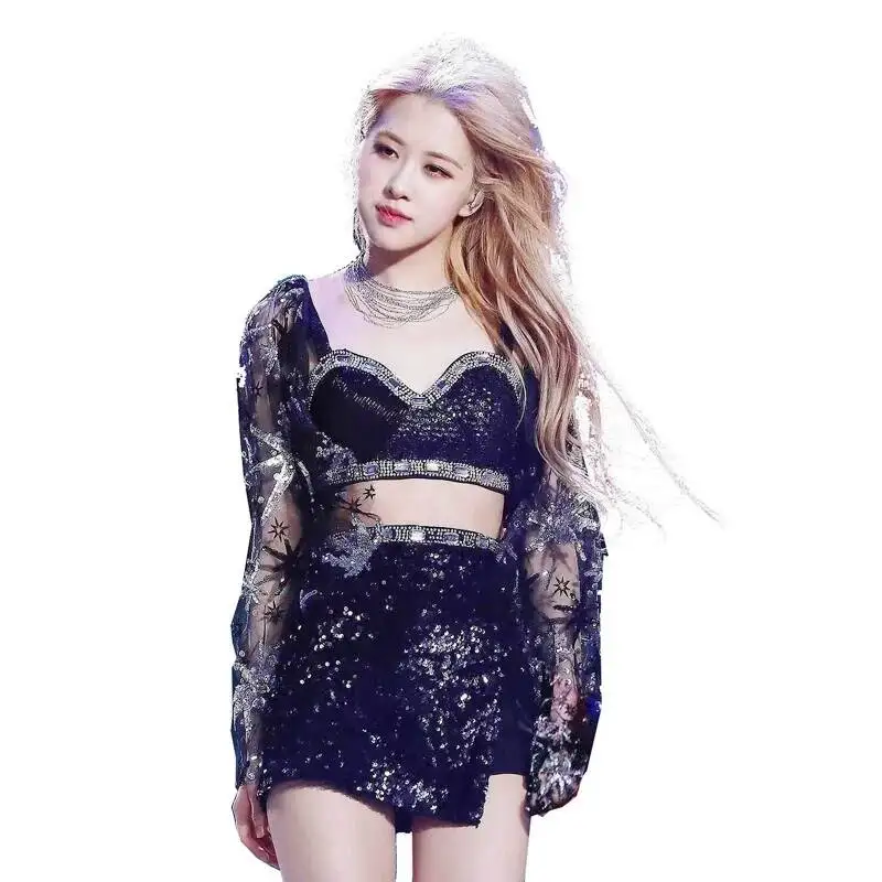 Women Kpop ROSE Group Stage Dance Shiny Sling Tops Jazz Dancewear Performance Costume Sequins Skirt Sexy Festival Outfits view 4
