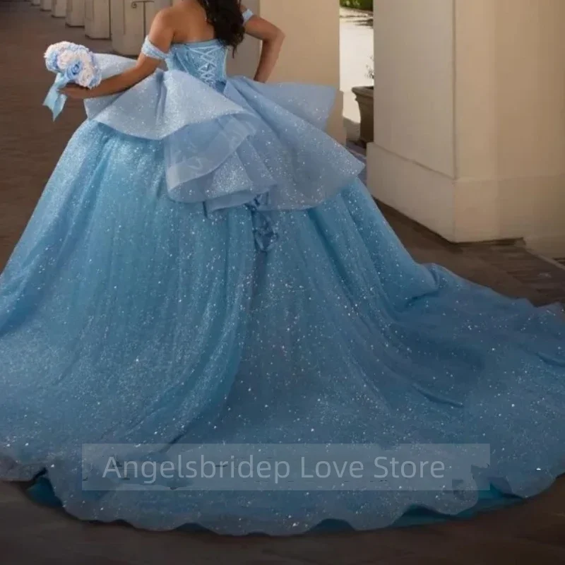 Angelsbridep-vestido de Baile de Princesa azul cielo brillante para mujer, ocasión de encaje para vestido de quinceañera, vestido de fiesta de cumpleaños dulce 15 16, 2025