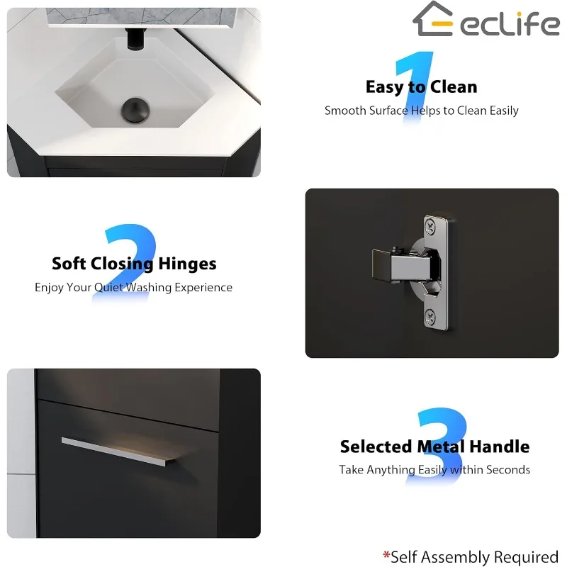 Combinação de pia de banheiro de canto de 26 "para espaço pequeno Armário de armazenamento autônomo com pia de resina branca e preto fosco