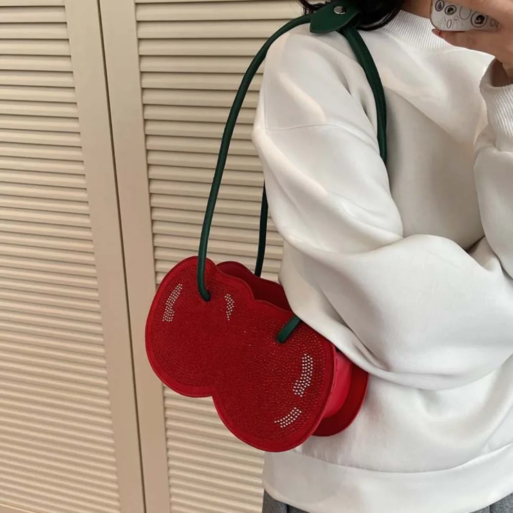

Sweet Cherry Shape Underarm Bag Anti-splash Water Large Capacity Red Fruit Handbag Creative Polyester PU Rhinestone Bag Girls