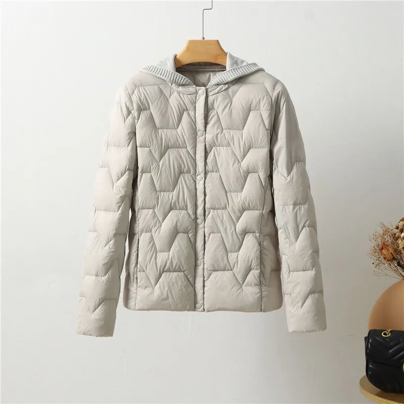 

Knitted Patchwork Hooded Coat 2023 Autumn Winter Women Ultra Light White Duck Down Jacket Parkas Ladies Slim Warm Short Outwears