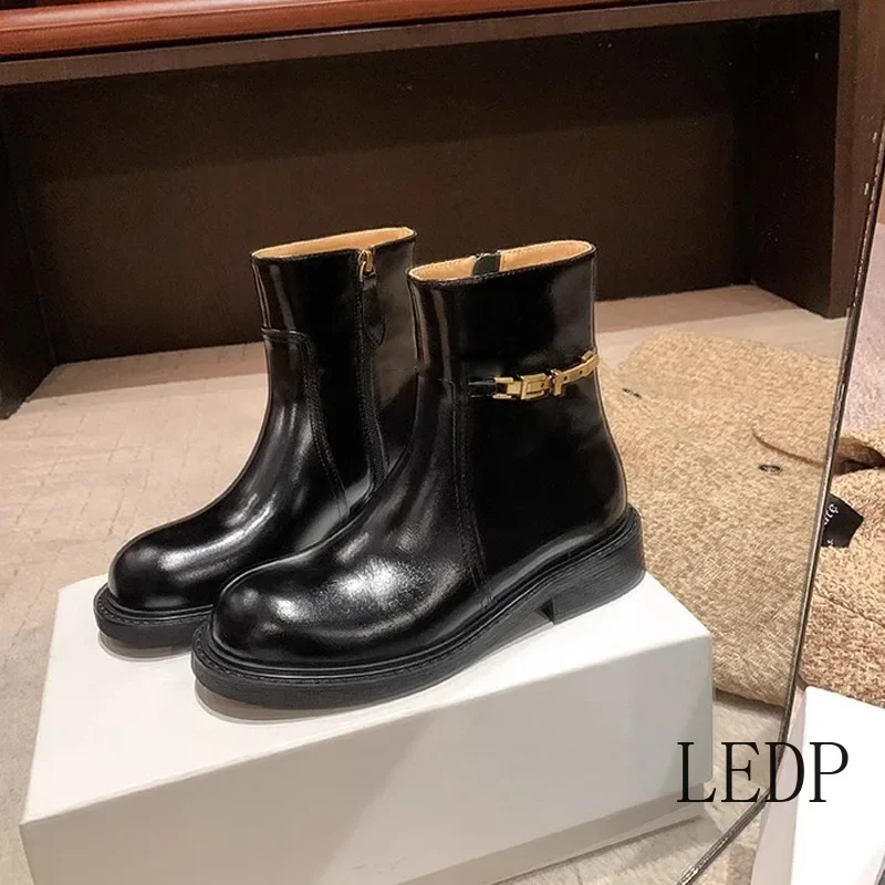 

Women's Short Boots Leather Side Zipper Small Gold Buckle Chelsea Boots Round Toe Heel Motorcycle Boots Fashionable Versatile
