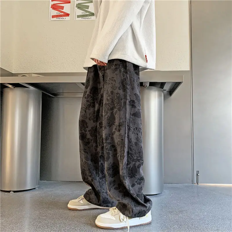 Vintage Floral Corduroy Pants Streetwear Y2k Men Wide leg Oversize Harajuku Casual Straight Long Trousers 2023 Korean Fashion