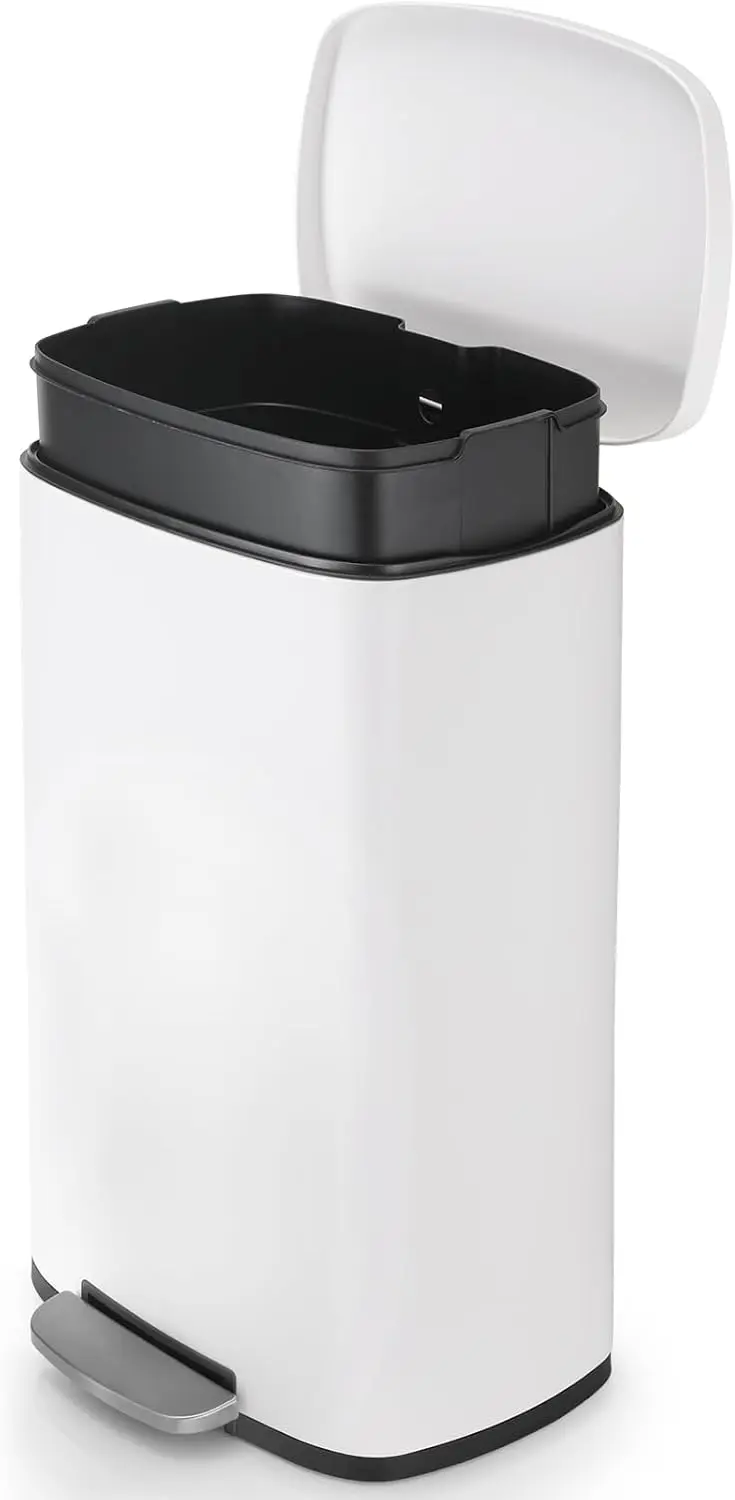 

30L Stainless Steel Kitchen Trash Can with Soft Close Lid, Step Pedal, and Removable Bucket for Home or Office