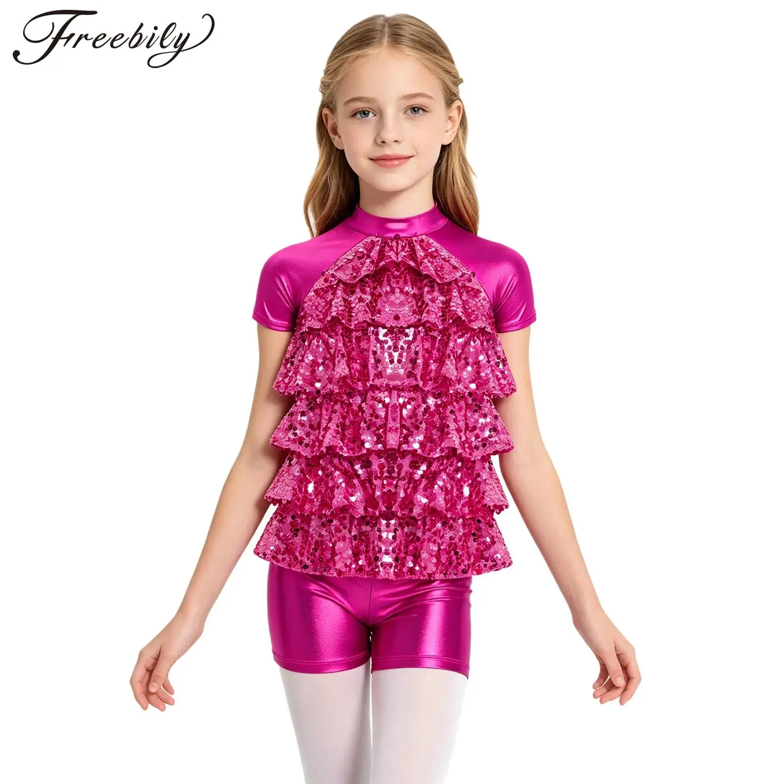 Children Girls Hip Hop Jazz Modern Dance Cheerleading Costume Short Sleeve Shiny Sequins Tiered Ruffle Top with Metallic Shorts