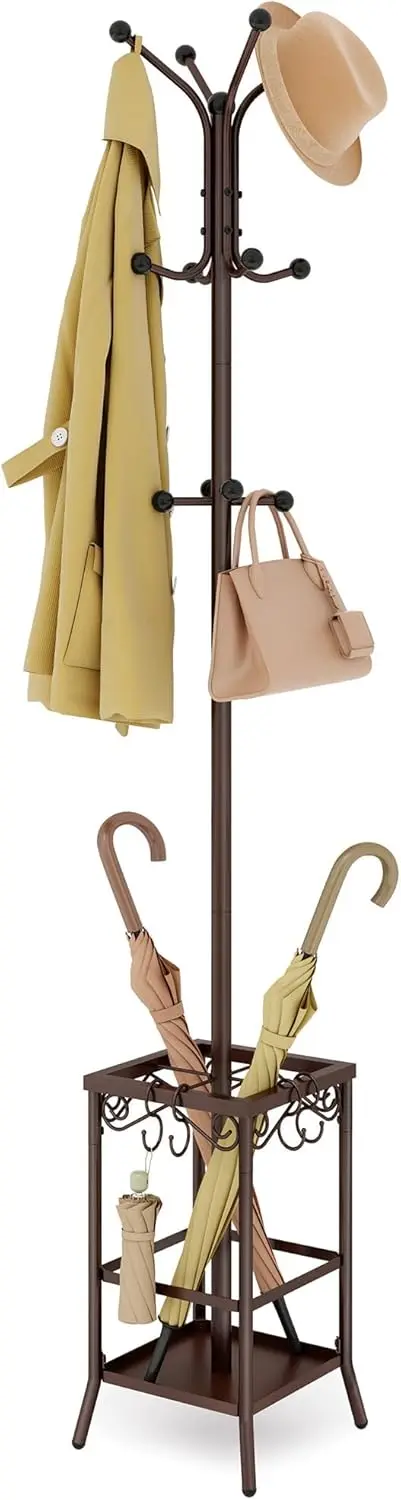 Coat Rack Freestanding, Entryway Coat Hanger Stand, Umbrella Holder, Hall Tree With 12 Hooks, Standing Coat Rack