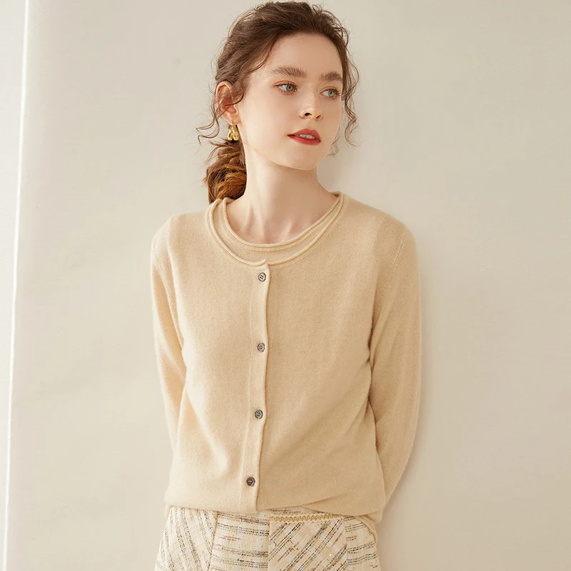 Rolled edge 100% cashmere Cardigan Autumn/Winter Cashmere sweater Women's O-neck cardigan warm bottom knit shirt top