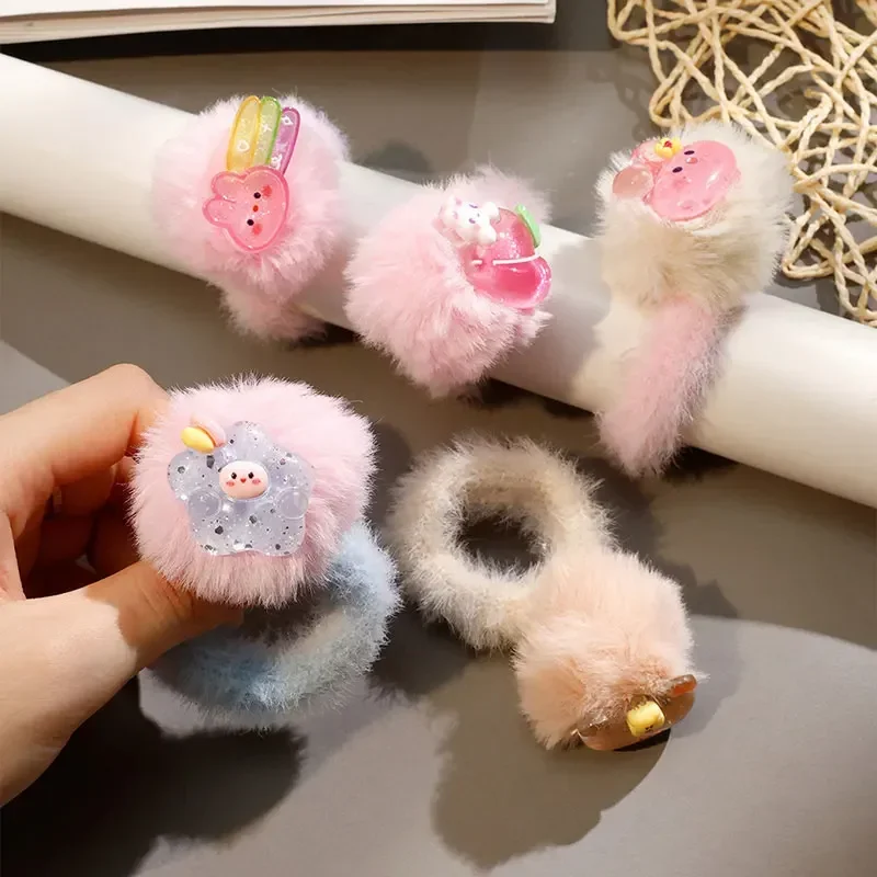 

Oaoleer 5Pcs Cute Cartoon Bear bunny Elastic Hair Bands For Women Girl Winter Fur Hair Scrunchies Hair Ties Lady Ponytail Holder