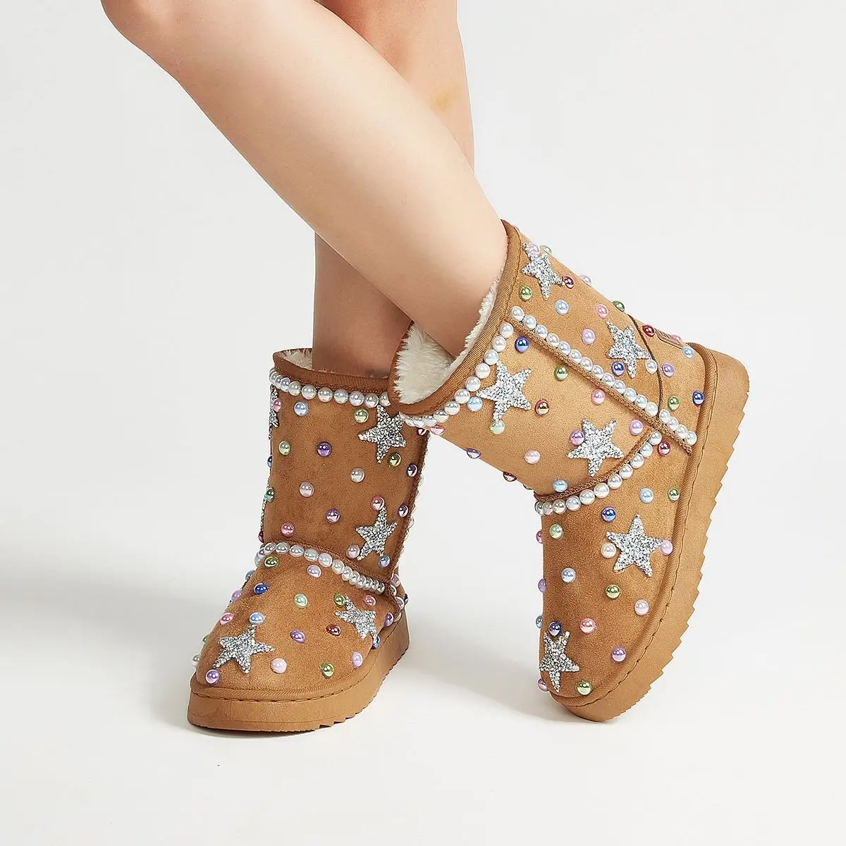 Bling Diamond Crystal Pentacle Mid-calf Snow Boots Crystal Pentacle Snow Boots Warm Plush Fur Inner  Winter Boots Female