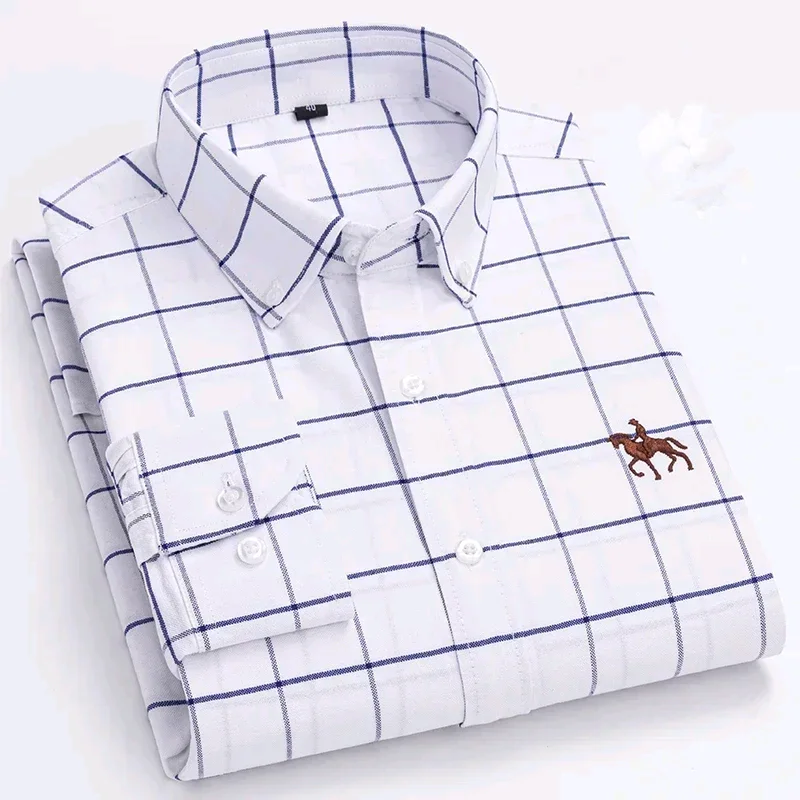 

Men's Long Sleeve S ~ 6XL Cotton Oxford Shirt Plaid Stripe Business Casual Men's Pocket Regular Cut Button Down Men's Shirt