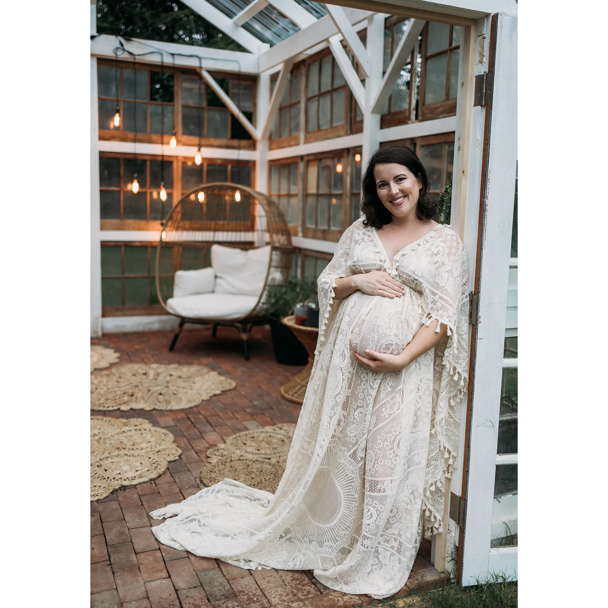 Don&Judy Photo Shoot Free Size Lace Maternity Gown with Round Cape Evening Party Dress for Pregnant Women Maternity Photography