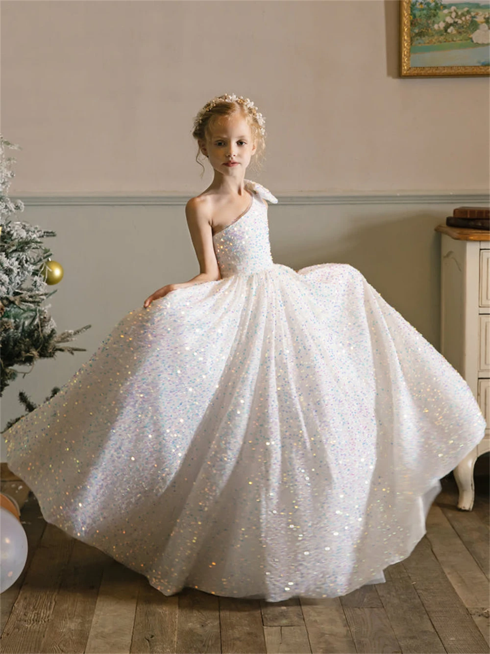 Vestidos blancos de flores para niña, vestido brillante de un hombro con lentejuelas de terciopelo, línea A, largo hasta el suelo, Espalda descubierta, vestidos de baile para fiesta de cumpleaños