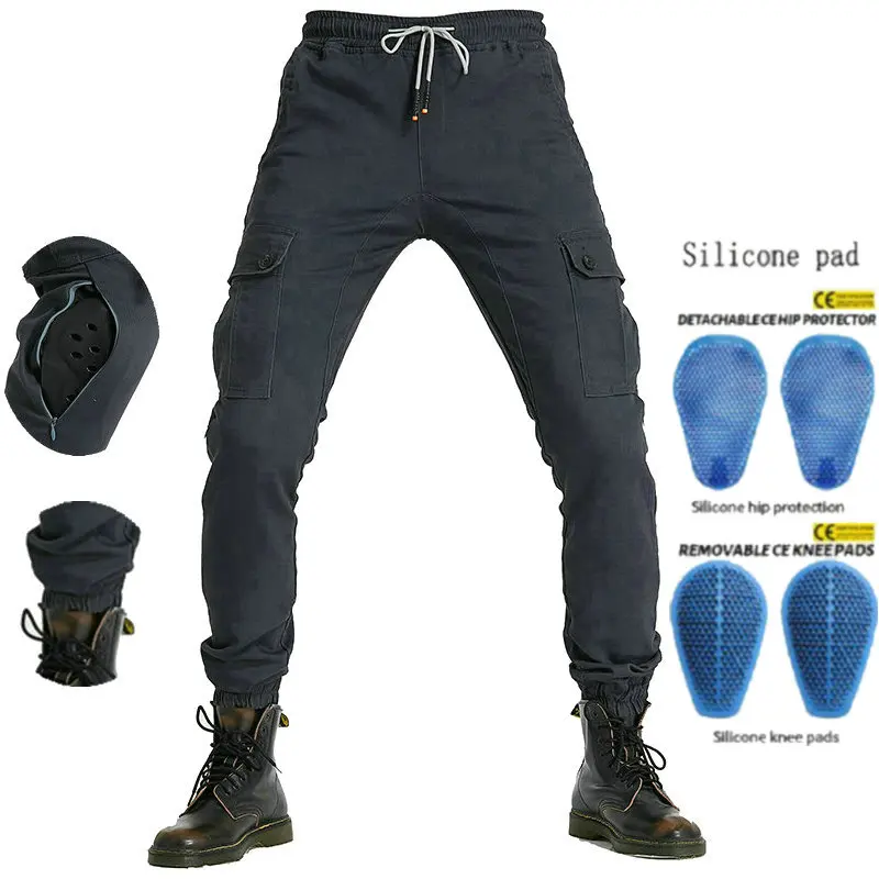 Loong Biker Motorcycle Riding Pants Knight Casual Cotton Bib Overall Elasticized Waist Hem Motocross Jeans Protection Trousers