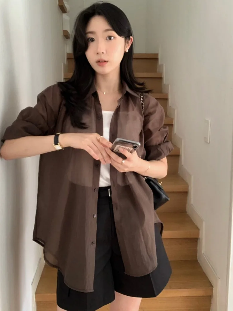 

Early Autumn Lazy Sle Long Sve Women's irt Flip Collar Ba Button Design Semi-Transparent Faionable Top Pure Color