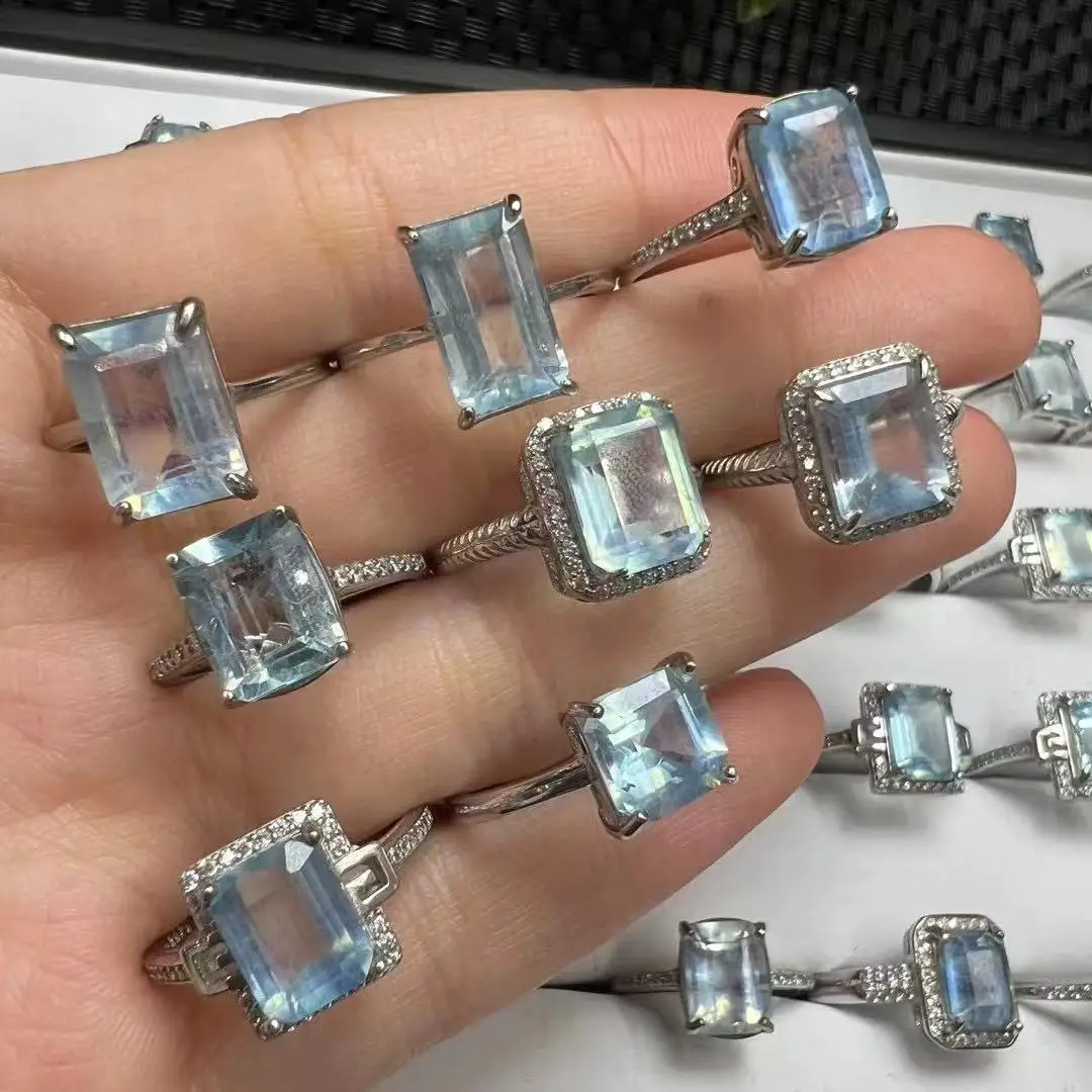 

Unit One Piece 925 Silver Inlay Natural Aquamarine Crystal Faceted Square Stone Finger-rings for Meditation