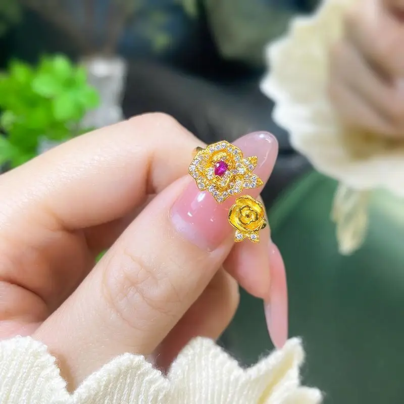 Red Corundum New Chinese-style Three-Dimensional Rose Flower Ring, 2026 New Design - Women's Engagement Jewelry
