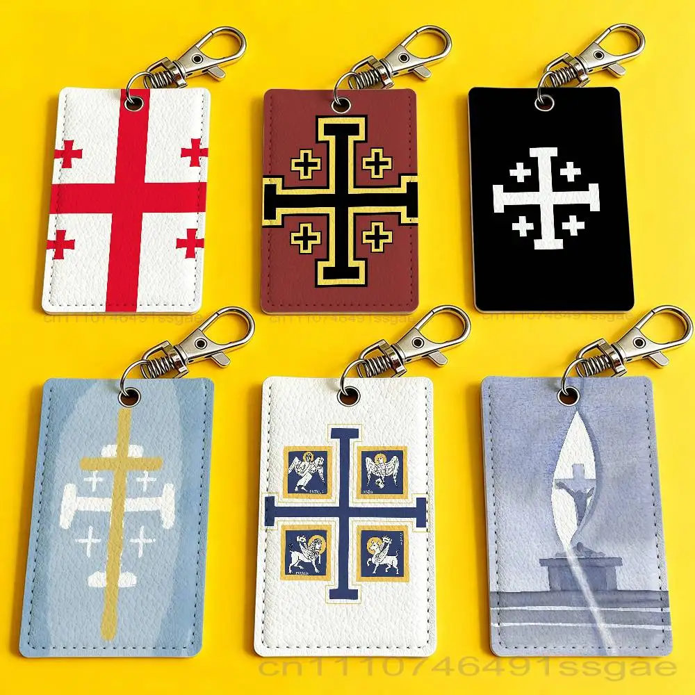 

J-Jerusalem Cross Flag Card Holder Men And Womenn Universal Antirust Keychain Learther Access Drop Key Tag Ring