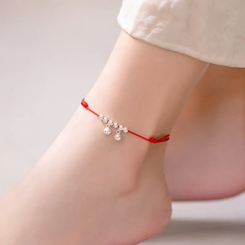 Lucky Bead Retro Chinese Style Chime Anklet for Women Hand-woven Red Rope Minimalist Accessories Gift for Students