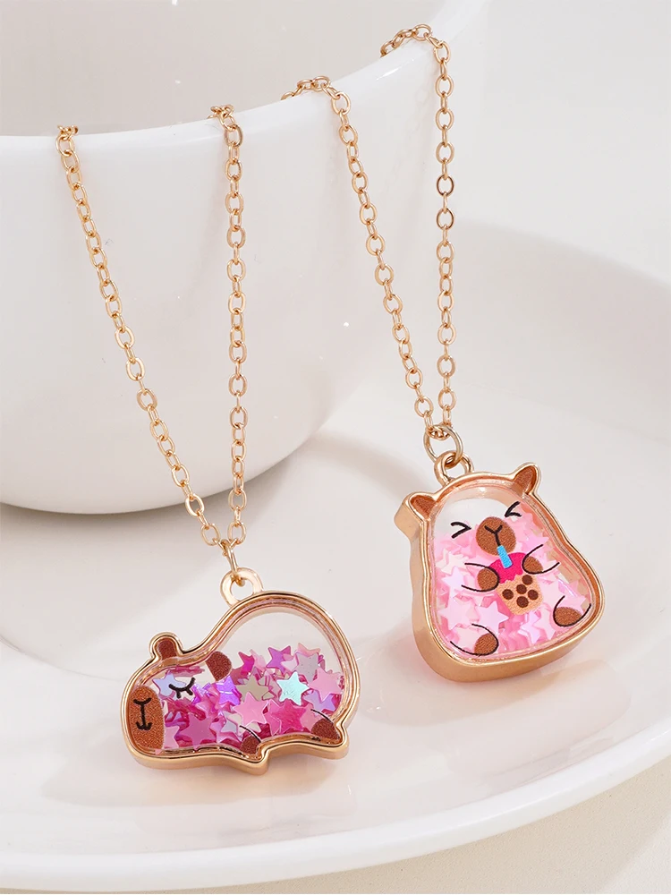 1 Stück Niedliche Kinder-Capybara-Anhänger-Halskette mit Quicksand-Pailletten-Stern-Charm für Mädchen, Freundschaftsschmuck-Set