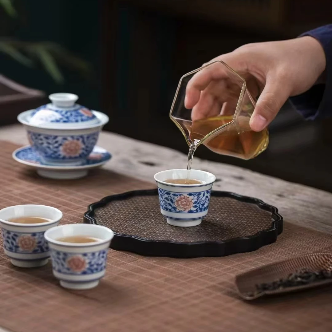 Premium Handcrafted Ceramic Porcelain Blue Red Floral Seven Piece Tea Set Underglaze Lotus for Home Hospitality and Gifting