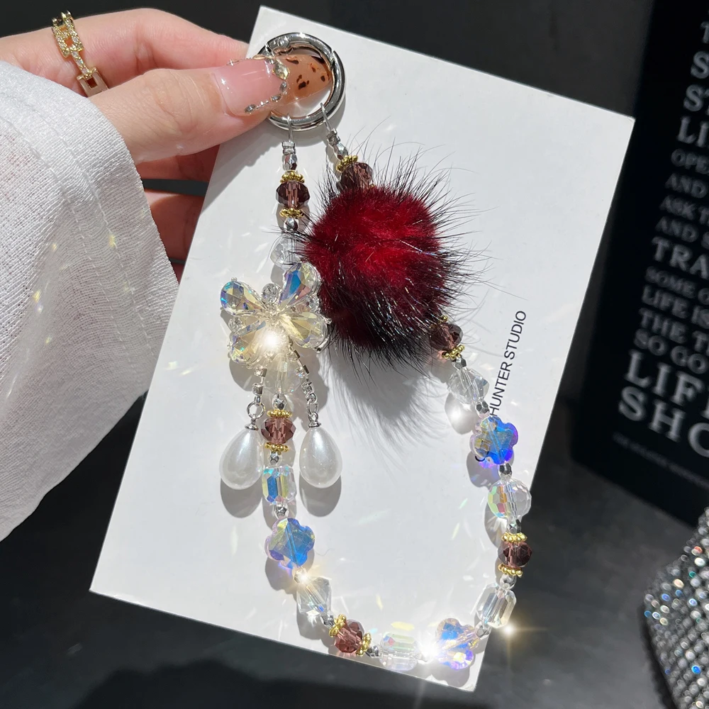 

Cute Phone Lanyard Phone Chain Beaded Bracelet Short Style Wrist Strap Women Butterfly Woolen ball Crystal phone charm strap