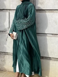 Pure Handwork Beading Solid Daily Party Casual Modest Hijab Open Kimono Abaya With Sashes Borka For Women Bangladesh Caftan