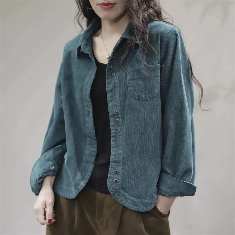 2024 Women Lapel Collar Corduroy Shirt Coat Spring And Autumn Female Long Sleeved Cardigan Blouse Jacket Korean Ladies Blaus Top