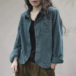 2024 Women Lapel Collar Corduroy Shirt Coat Spring And Autumn Female Long Sleeved Cardigan Blouse Jacket Korean Ladies Blaus Top