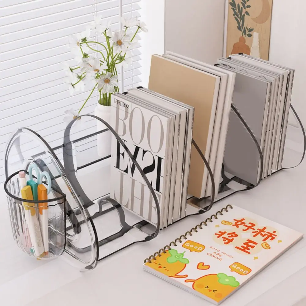 

Convenient Plastic Desktop Book Stand Transparent Save Space Divided Book Stand with Handle Desk Storage Rack Office