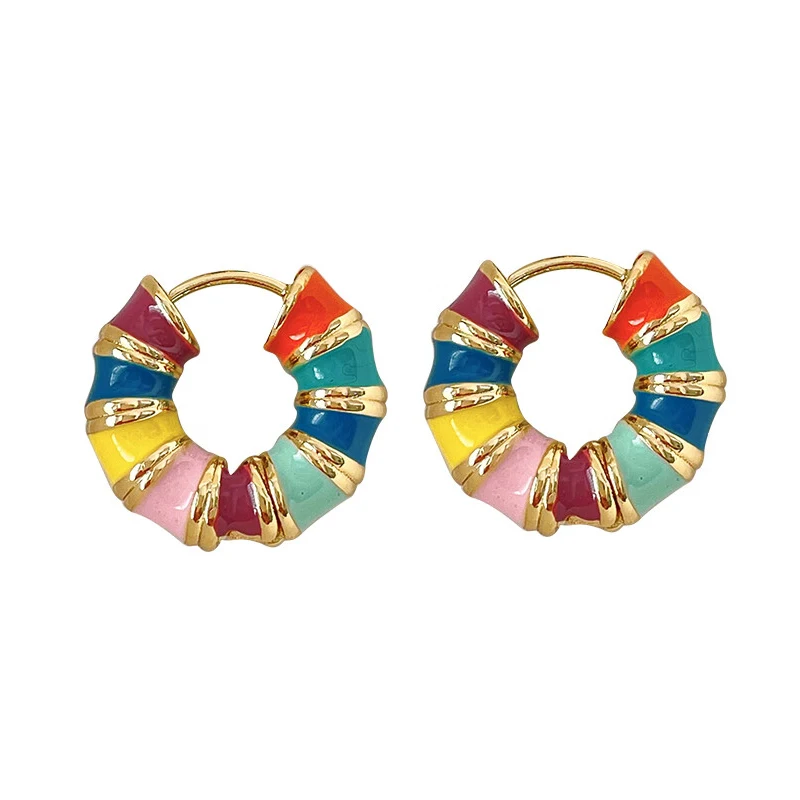 

Vintage Enamel Chunky Hoop Earrings 18K Gold Plated Colorful Glaze Circle Bamboo Joint Design Hoops Ladies Small Huggie Earrings