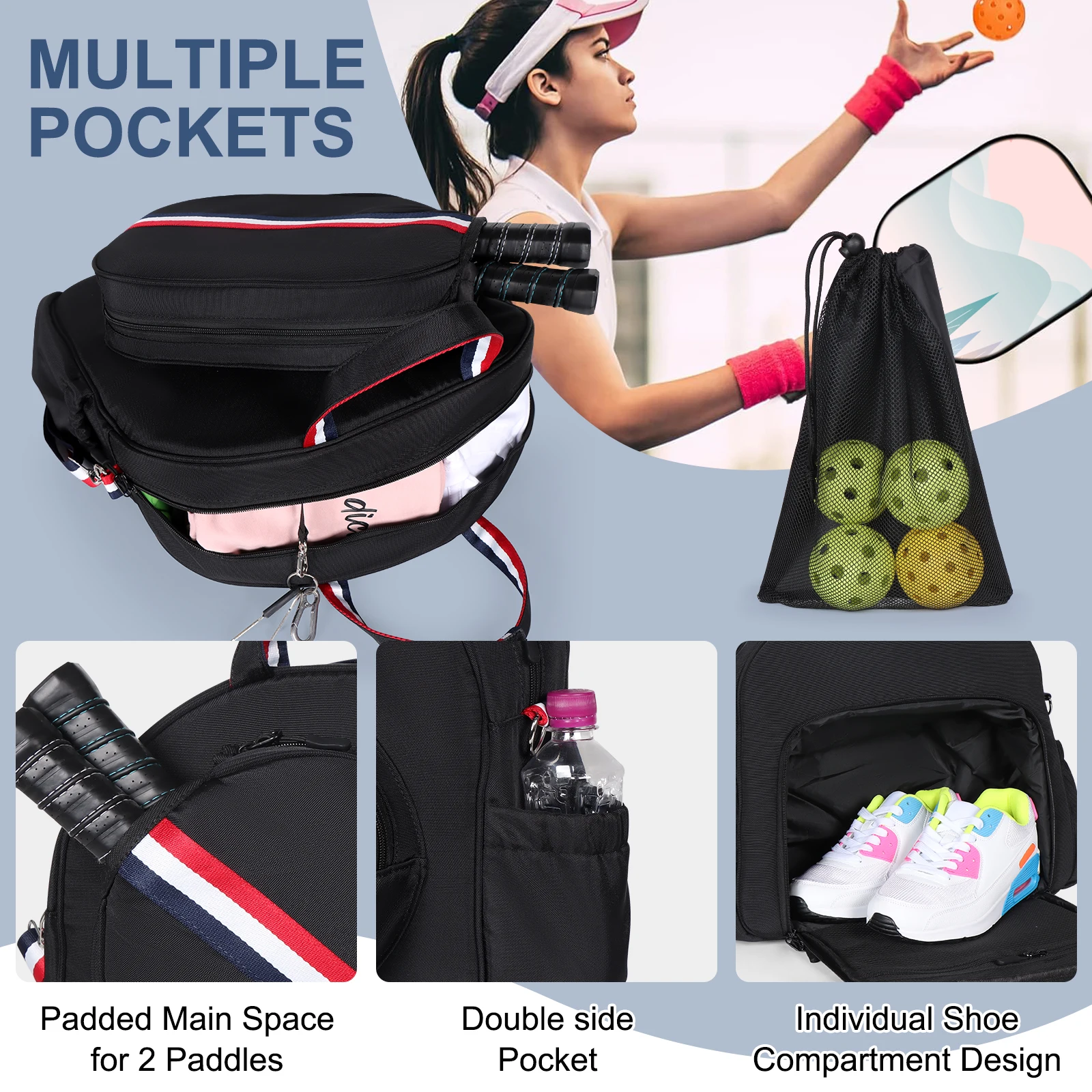 Pickleball-Bolso de hombro para deportes al aire libre, bolsa de tenis, extraíble, a prueba de agua, con compartimentos de gran capacidad, Unisex