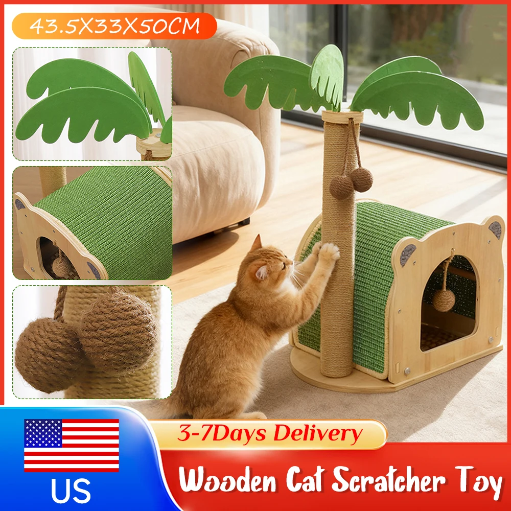 

Coconut Tree Cat Scratching Post Wooden Cat Tree with Hanging Ball Cozy Condo Wide Perch for Indoor Kittens Adult Cats Play Rest