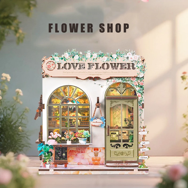 Nowy Drewniany Domek dla Lalek Sklep Kwiatowy Miniaturowy z Zestawem Mebli Model do Samodzielnego Montażu 3D Zabawki DIY dla Dzieci i Dorosłych Prezent Świąteczny Casa