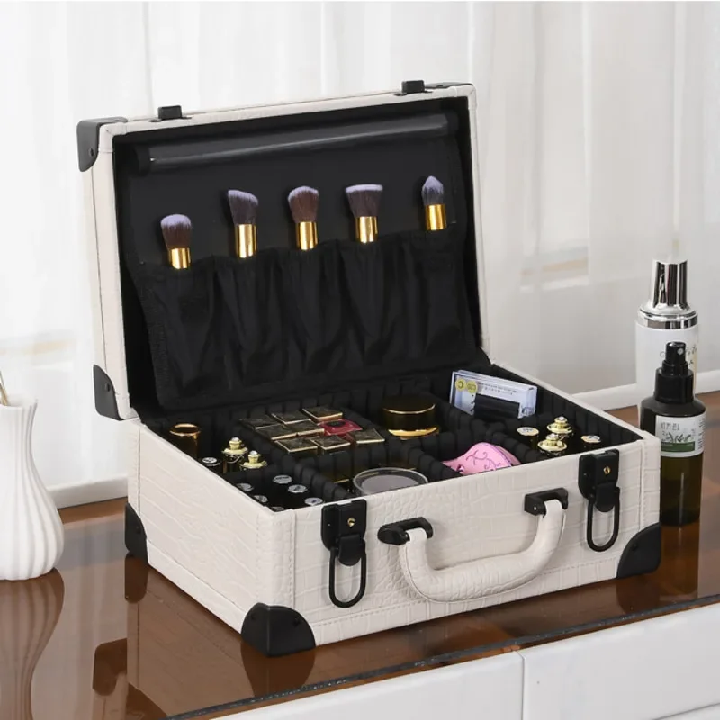 

Double Button Lock Hand Makeup Box With Mirror Large Capacity Beauty Box Nail Beauty Eyelash Eyebrow Toolbox Cosmetic Container