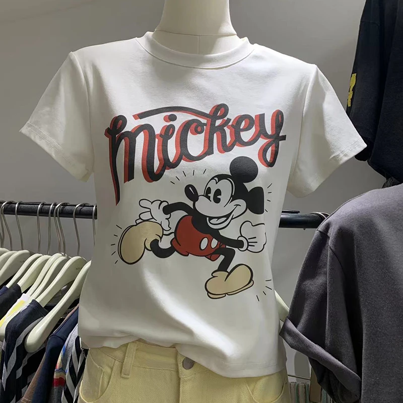 

Женская футболка с коротким рукавом для похудения, с мультяшным принтом и надписями, в уличном стиле, летняя мода, корейская версия, из смесового хлопка