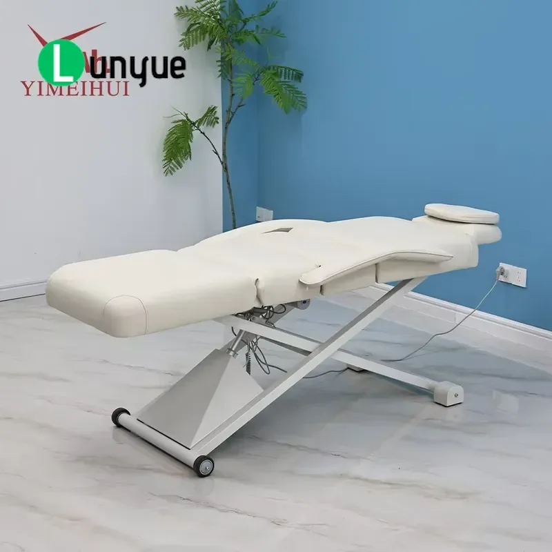 Electric Scissor Lift Massage Bed for Spa Height Adjustable Table with Removable Headrest Leg Support Belt Reclining