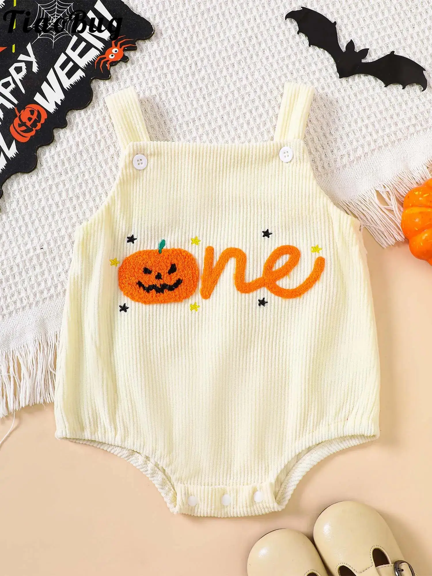

Baby Boys Girls 1st Birthday Corduroy Romper Sleeveless Embroidery Bodysuit Overalls for Christmas Halloween Cake Smash Party