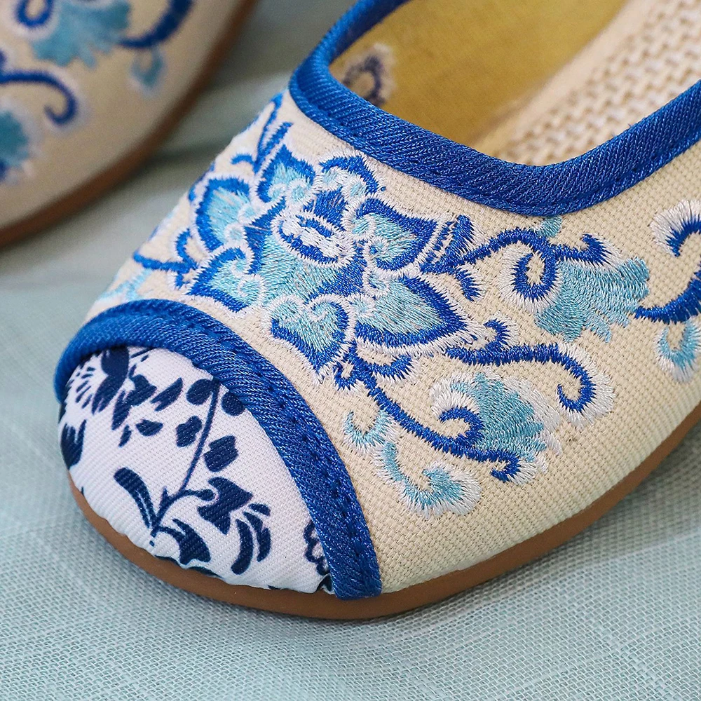 Veowalk Handmade Casual Chinese style Embroidery Slipper Old Peking National Cloth Shoes Vintage Women Breathable Summer Shoes