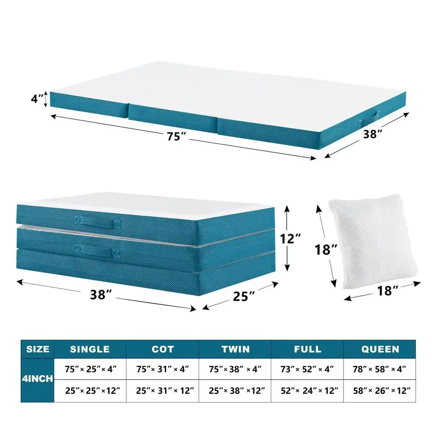 Matelas pliant en mousse à mémoire de forme, surmatelas pliable à trois volets de 4 pouces, lit d'invité certifié certifié CerPURUS avec housse de refroidissement amp Wat