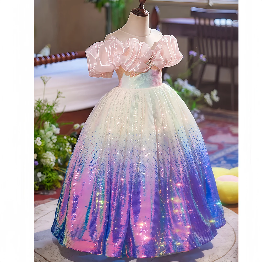 فساتين مسابقة الجمال أرجواني فاخرة مطرزة بالخرز، فستان سهرة رسمي رائع للأميرة للأطفال لحفلات الزفاف وأعياد الميلاد والعشاء