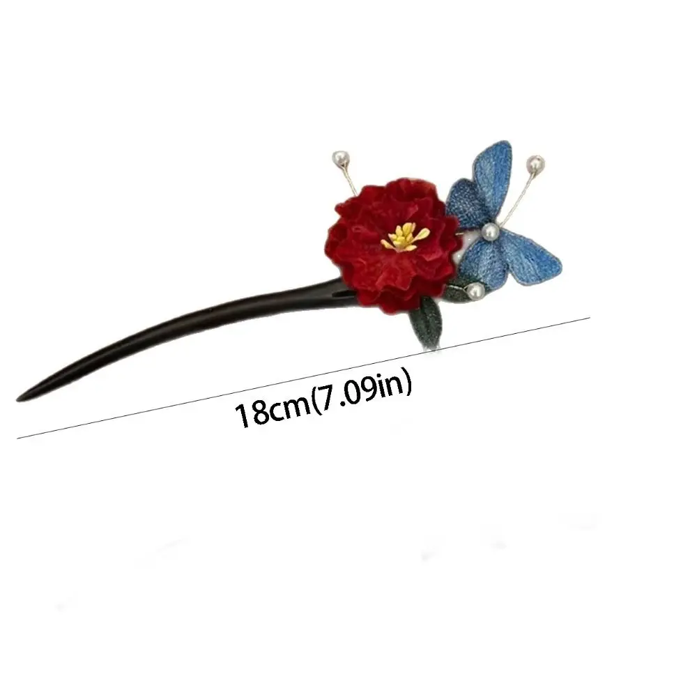 Elegante borla flor vermelha grampo de cabelo novo estilo chinês retro madeira vara de cabelo pérola antigo hanfu hairpin para mulher