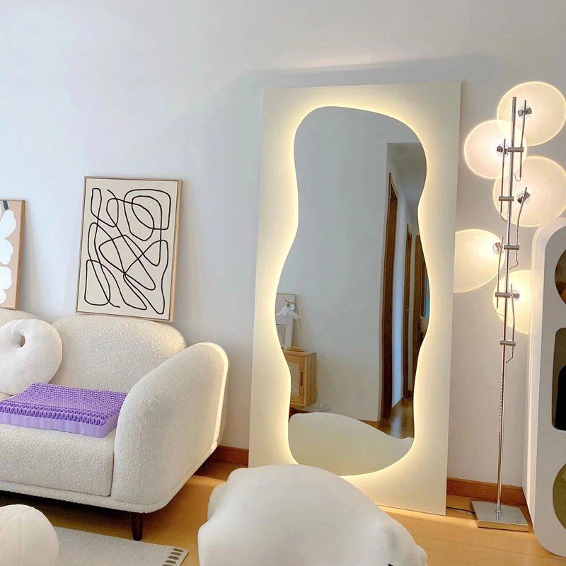 Espejo Moderno Ligero, Ondulado e Irregular, Espejo de Pie Europeo, Estética Irregular, Espejo de Cuerpo Entero, Decoración para el Hogar
