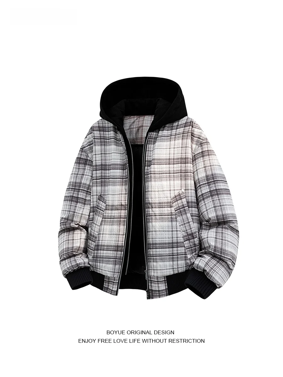 

Boyue Winter Plaid Hooded Couple Jaet Men's Faion Design Warm Du down Coat Polyester Fiber 3D Stereo Design Commuter
