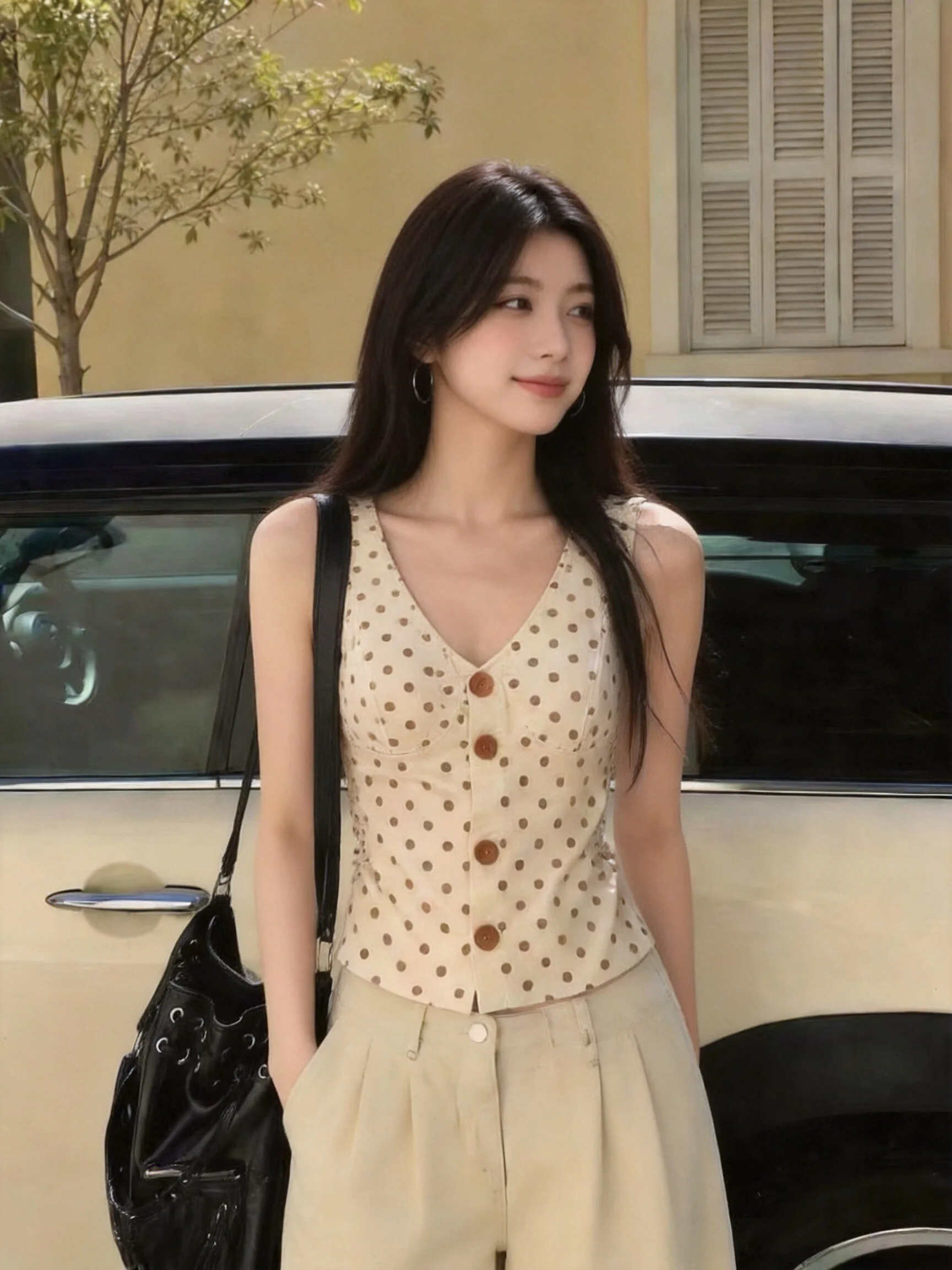Polka Dot V Neck Sleeveless Women's Tank Top Short Design Summer Outerwear Fashionable Waist Cinched City Walk Ready