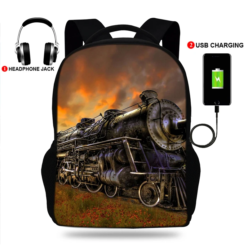 

School Bags 3D Print Kids Backpack Schoolbag Vintage Train Locomotive Print Bookbags For Teenager Girls Boys Children Book Bag