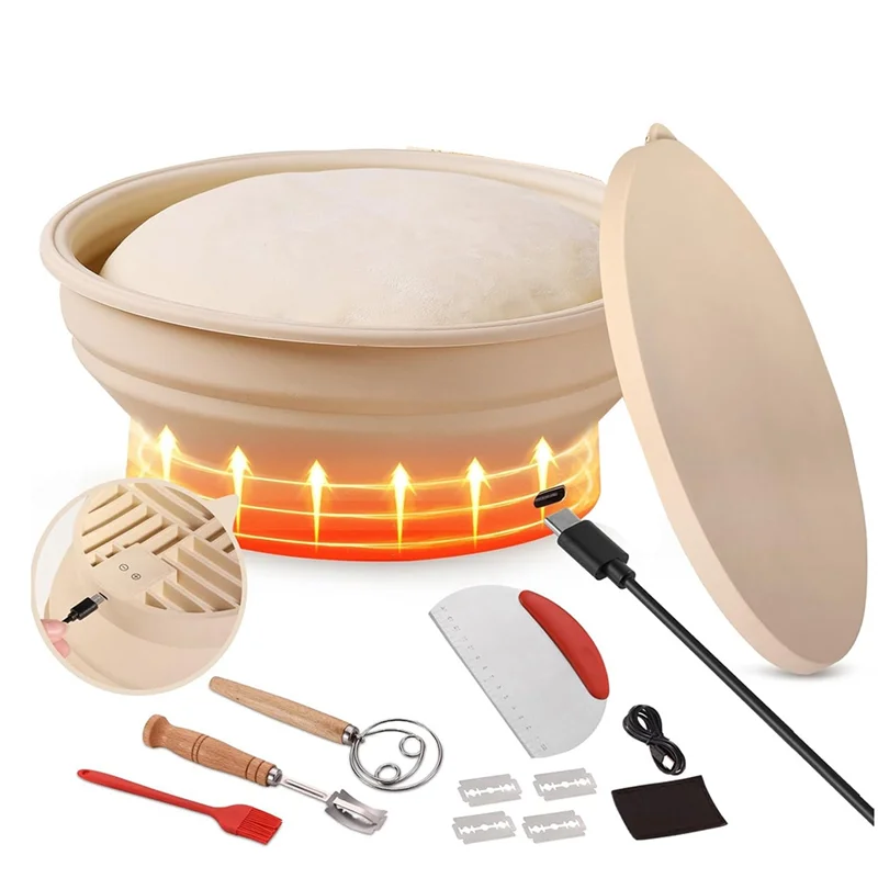 Heating Sourdough Bread Proofing Basket Set, Electric Thermostatic Silicone Batter Bowl,Banneton Sourdough Bread 9 Inch-VVBC