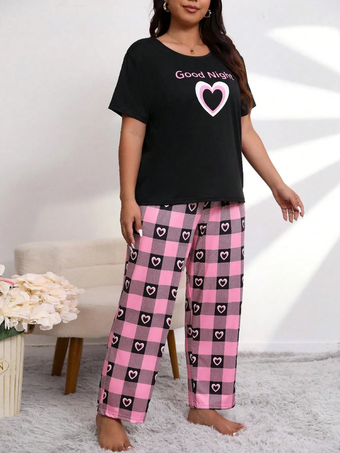 Women\'s Plus Size Sleepwear Heart Print Short Sleeve Tee With Trousers Pajama &Women Ladies Short  sleeve and Pants Lounge Wear